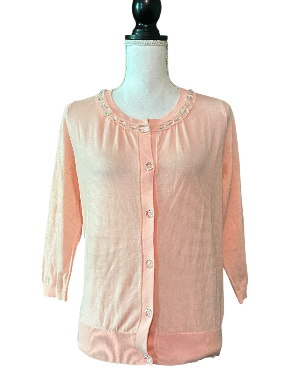 NWT August Silk Jewel Neck‎ Button Down Cardigan Sweater Women’s SZ S in Peach